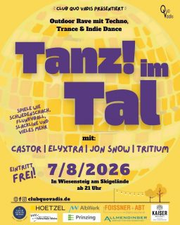 Tanz! imTal 🪩

Um unser 40. Jubiläum ordentlich zu feiern, gibt es dieses Jahr zusätzlich einen Outdoor Rave am Freitag!
Neben fetzigen DJ-Sets haben wir für euch einige Spiele wie Schwedenschach, Spikeball und viele mehr vorbereitet🤹‍♀️
Außerdem dürft ihr euch auf Stockbrot über’m Lagerfeuer und Getränke von der Bar freuen🍻

Unsere DJs:
@cstr.wav - mittlerweile ein alter Bekannter von KrokoRaved, dieses Mal mit einem SpeedGarage Set und allem was noch so Spaß macht🐙

Elyxtra - mit ihren progressive Psytrance Sets bringt sie die Dancefloors vieler Parties regelmäßig zum Beben und reist extra für uns aus Ulm an🪂

@jonsnow.audio - veranstaltet mit dem @kornhaus_kollektiv Parties in Ulm und wird uns mit einem Indie Dance-Set mit jeder Menge Groove versorgen🎆

Tritium - DJ aus Augsburg, der für euch ein Trance-Set inspiriert vom Spirit der 90er und 2000er Szene in Frankfurt und Berlin spielt💿

Freut euch auf einen bunten Abend, packt eure Freunde ein und tanzt mit uns im Tal!💛

PS: auf dem Gelände darf sehr gerne gecampt werden - Samstag geht es gleich weiter mit Live-Musik🎸